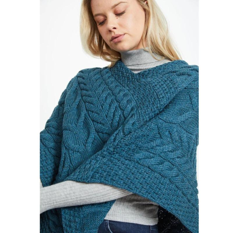 Ladies Aran Cable Knit Triangular Poncho Irish Sea